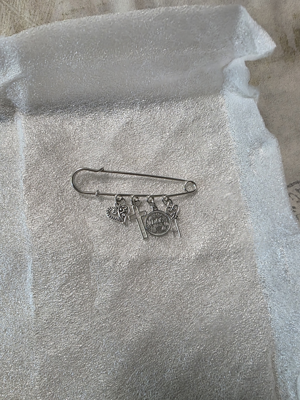 Source Unknown Silver-Tone Religious Charm Safety Pin Brooch